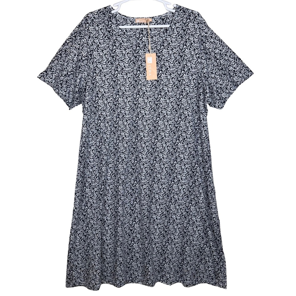 NWT La Cera Floral Shift Dress Pockets Women Plus Sz 4X Navy Cottagecore Lounge